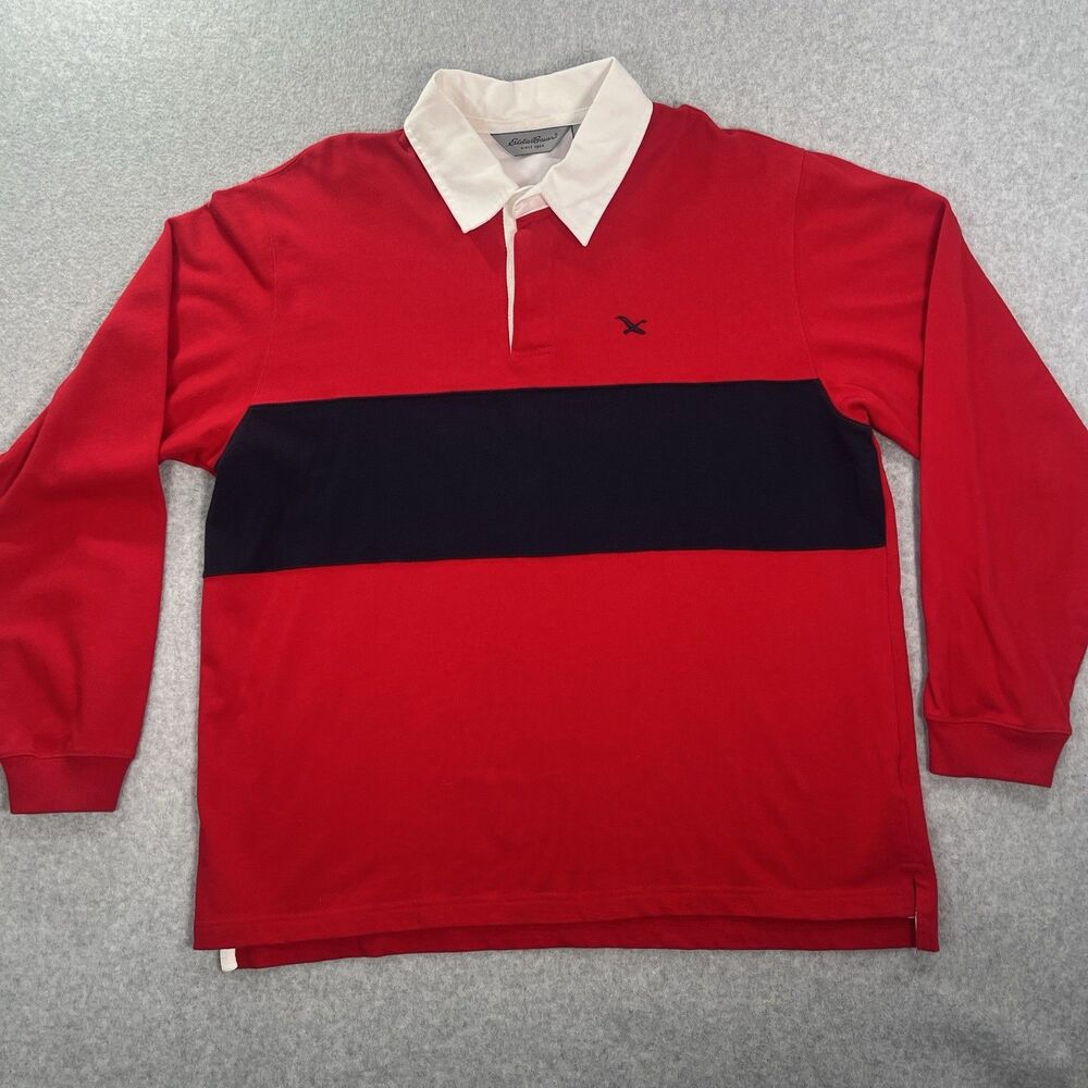 Eddie Bauer Striped Rugby Shirt Men’s Large Red Navy gorpcore preppy